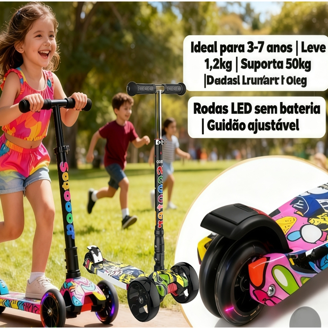 Patinete Infantil 4 Rodas - Rodas 5cm + Altura Ajustável 4 Níveis - LED ...
