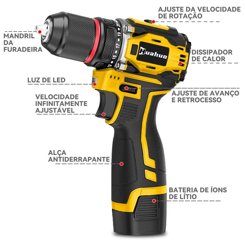 【110v 220v】Furadeira Parafusadeira 21v 2 Baterias em caixae de papelão e acessórios~