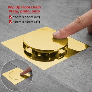 Kit dourado Ralo Inteligente Click 10x10 15x15 Cm Inox Banheiro Lavabo Veda Cheiro
