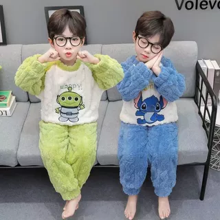 Conjunto De Pijama De Flanela Infantil 2025 Inverno Criança Desenho Animado Ponto Padrão Cor Bloqueada Calças De Manga C em Oferta na Shopee