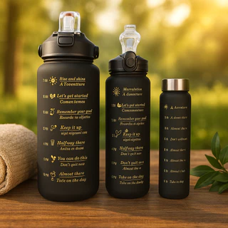 Kit 3 Garrafa de Água Squeeze Motivacional Com Adesivos 300ml+900ml+2000ml