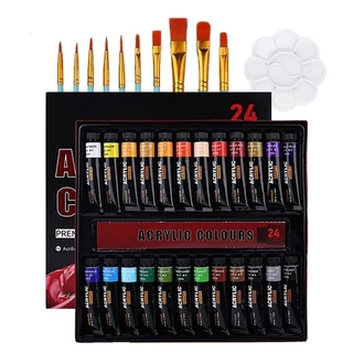 12/24 Cores Tinta Acrílica Com Pincel E Paleta Para Artesanato/Parede Kit Desenho Profissional