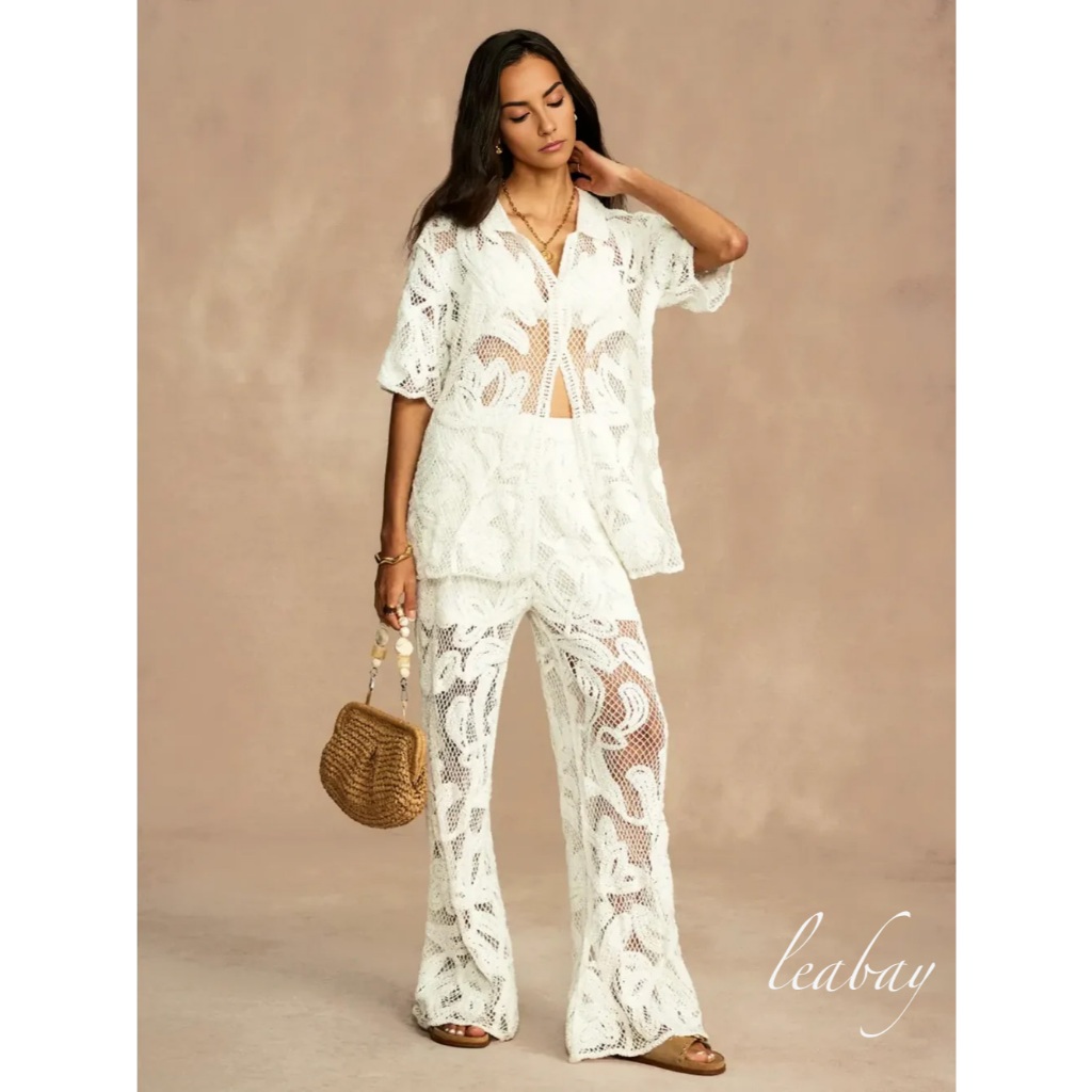 Conjunto de duas peças de praia de verão feminino, design simples e moderno de crochê vazado, saída de banho.2026 em Oferta na Shopee
