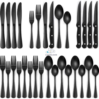 24 Peças Talheres Preto de Aço Inox Garfo Colher Faca Colher De Mesa