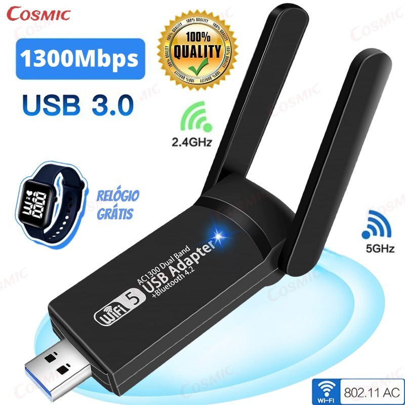 Wifi Usb Clé WiFi, 1300Mbps Adaptateur 3.0 Double Dande 2.4G-5Ghz WiFi
