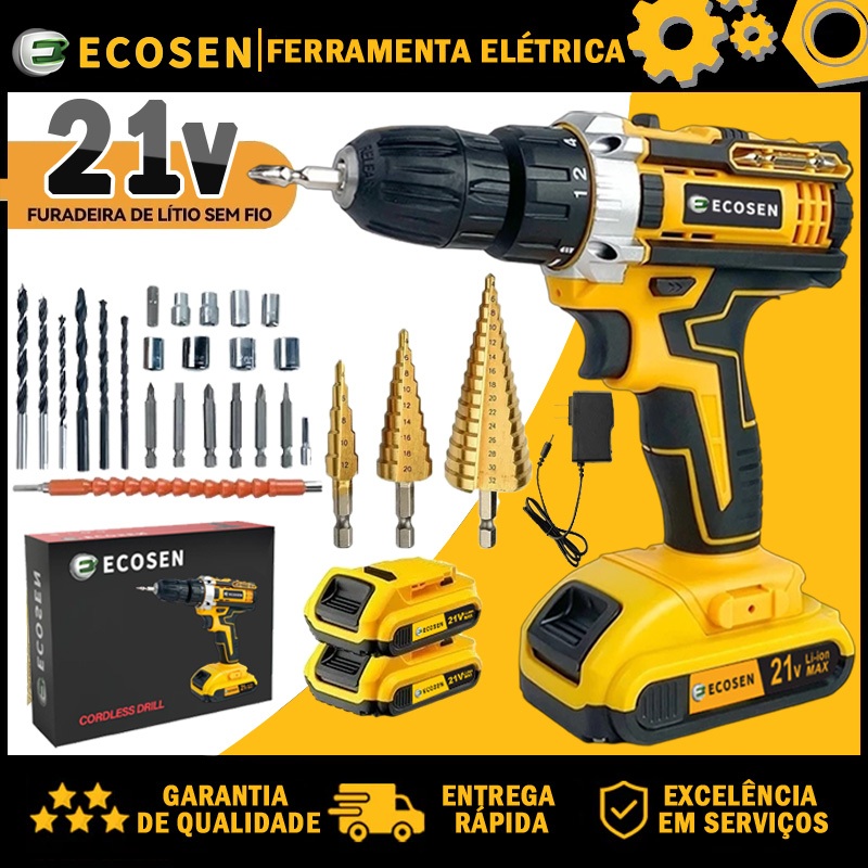 Parafusadeira Furadeira 21V bit 2pcs 12v bateria com kit broca +Broca com passos