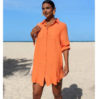 Camisa feminina básica, saída de praia para biquíni, camisa estilo coreano com abotoaduras. em Oferta na Shopee
