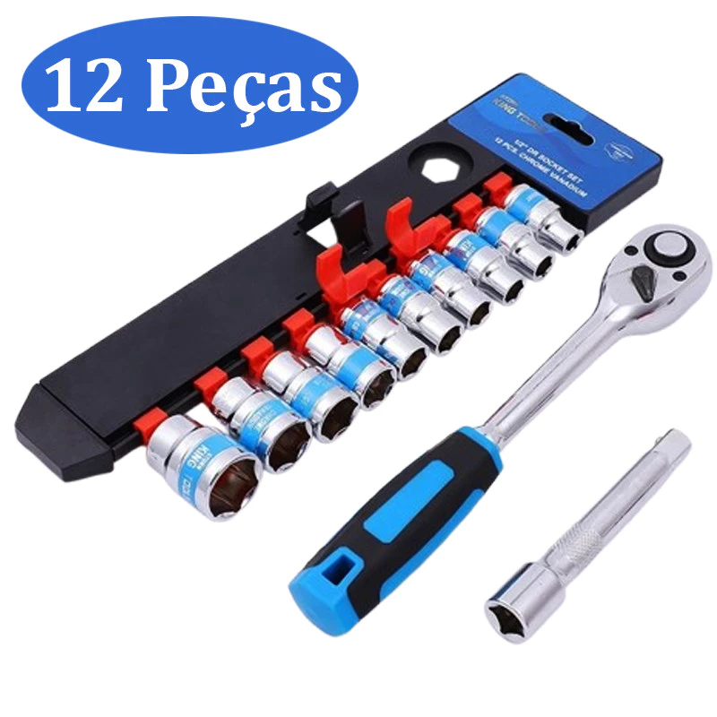 Jogo De Soquete Sextavado 1/2 Catraca 12 Peças 10 a 24mm com Extensão