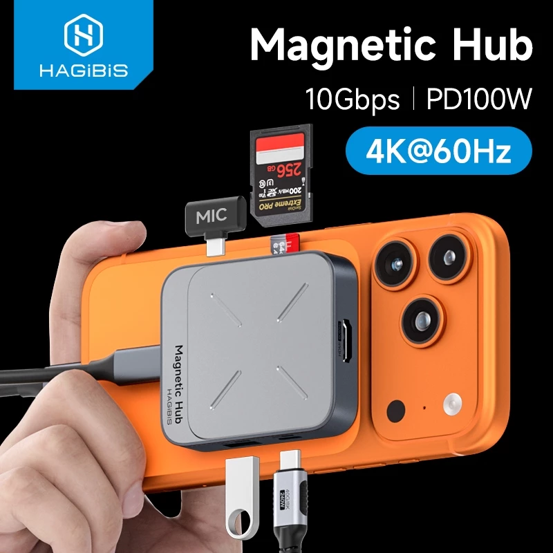 Hagibis 7 Em 1 Hub Magnético USB C Tipo-Adaptador Multiporta Docking Station 4K HDMI 100W PD SD/TF3.0 Para iPhone 16/15