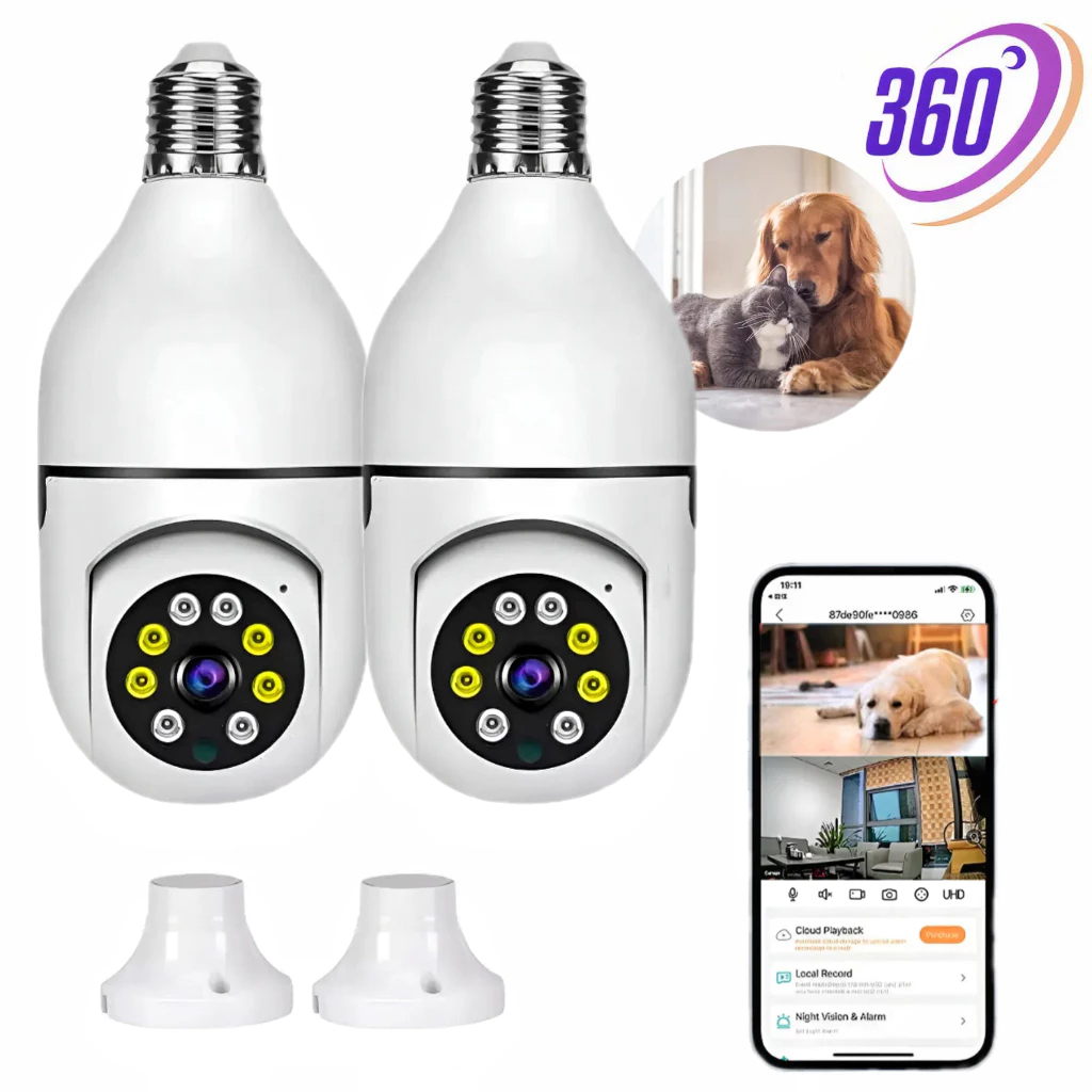 Kit 2 Câmera Segurança Prova D'água Infravermelho Lâmpada Sem Fio 360 Wifi E27 App Icsee Prova Dagua Security Cameras