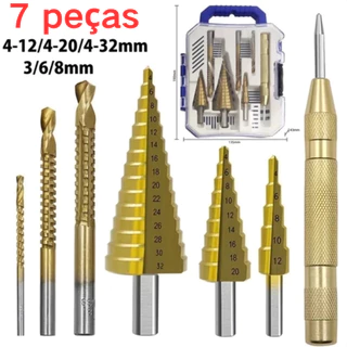 Broca Titânio Escalonada Amarela Aço / Broca Corte Lateral Marcador Punção Com Estojo Organizador P/Metal Aluminio Cobre