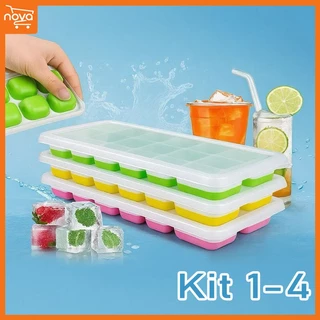 Kit 1-4 Formas de Gelo Tampa Rígida Com Silicone Flexível Fundo Retangular 14 Cubos Multiuso Lavável