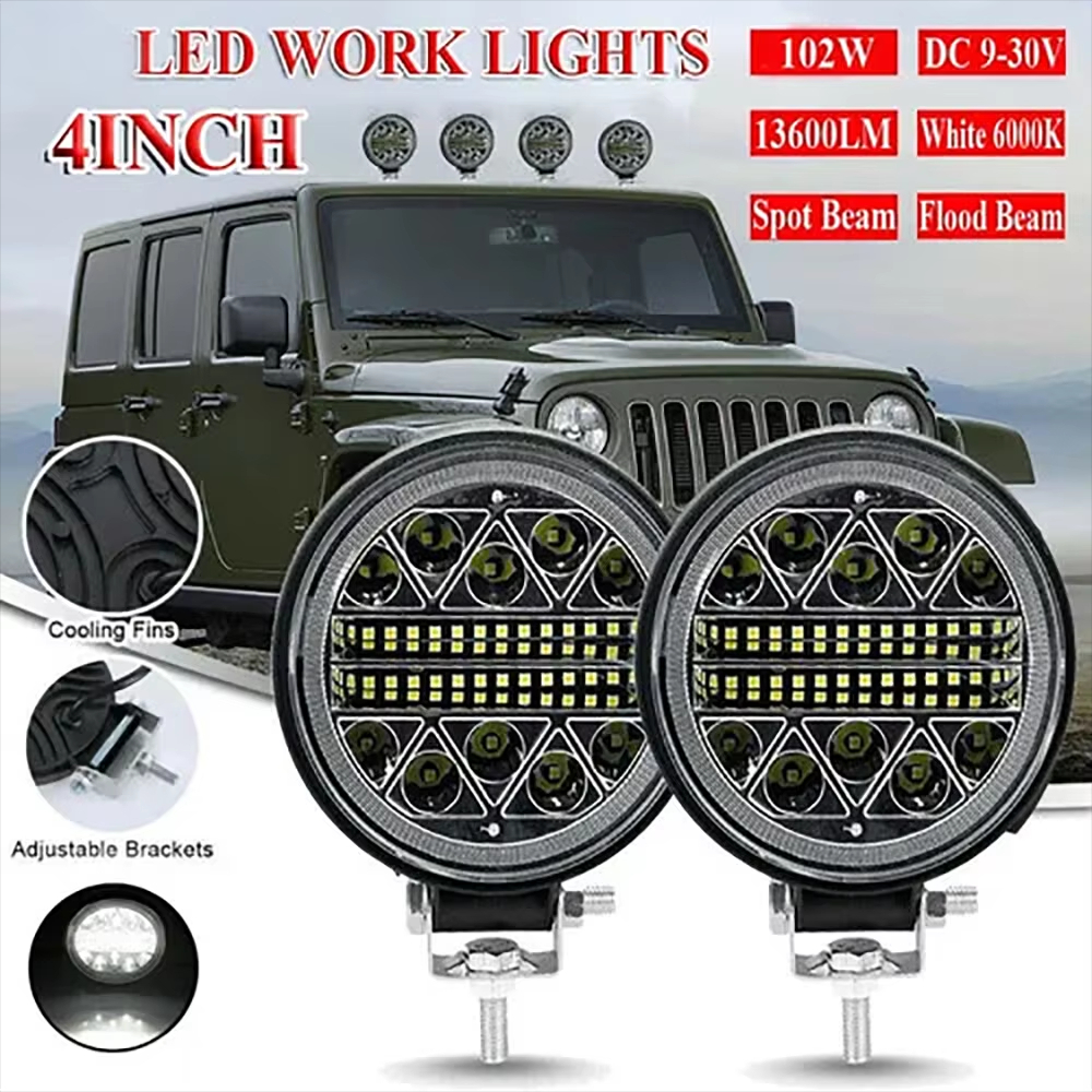 kit 2 farol milha 34 leds 102w 12v/36v redondo off-road 6000k