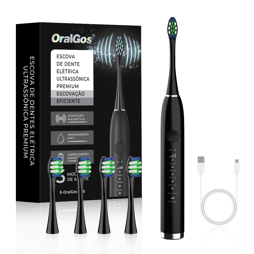 OralGos Escova de dente elétrica sônica recarregável , 5 modos, preto e ...