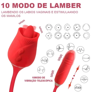 Vibrador feminino em forma de rosa · Sucção no clitóris/peito · Estímulo no ponto G e vagina