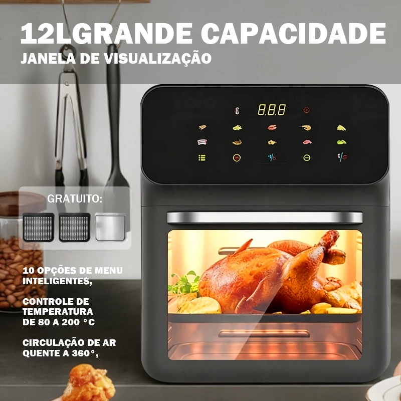 Fritadeira Sem Óleo AirFryer Oven HQ 8 em 1 12 litros Digital Com visor Preta 1500W