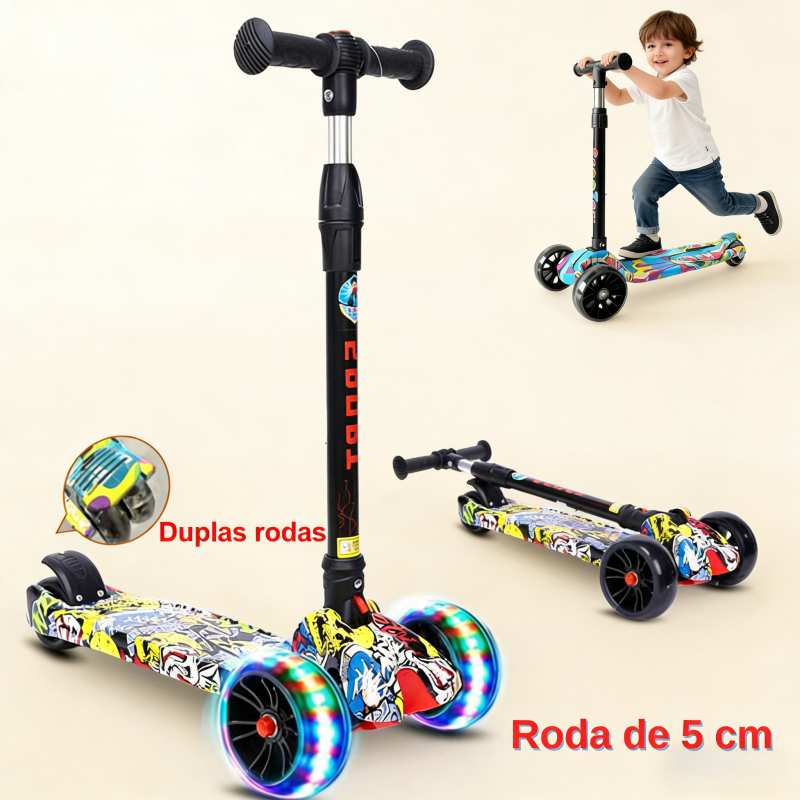 Patinete Infantil 4 Rodas com LED Ajustável Dobrável Scooter para ...