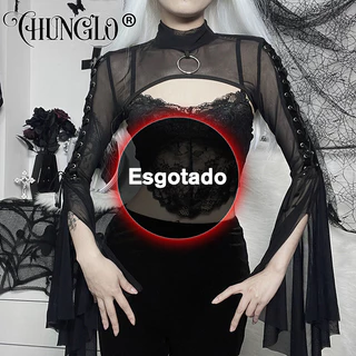 CHUNGLO Camiseta De Malha Preta Gothic Street Lace-up Punk Ring Flared Sleeves Tops
