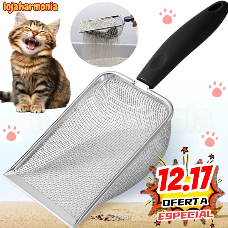 Pá Peneira de Areia Coletora Higiênica Pet Gato Cachorro Lagarto Aço Inox - Caixa de Areia