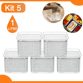 Kit 5 Organizador de Geladeira 1litro Com Cesto Tampa Multiuso Alimentos Verduras Potes de Salada