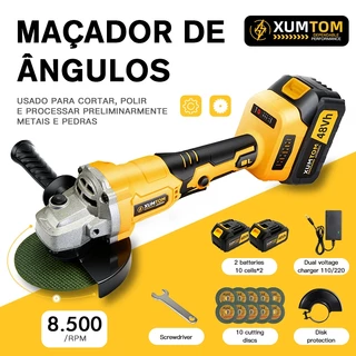 Esmerilhadeira Lixadeira Angular 48V Elétrica Brushless 4.1/2 10500rpm 2 Bateria De Litio 10 Láminas De Serra Bivolt