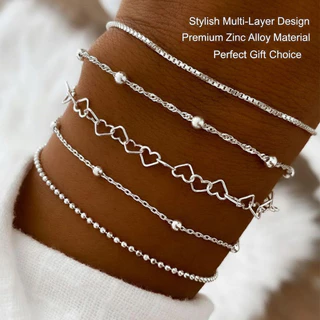 Conjunto De Pulseira Com Corrente De Coração Para Mulheres , Joias Em Camadas Ajustáveis , Presente Minimalista De Amor em Oferta na Shopee