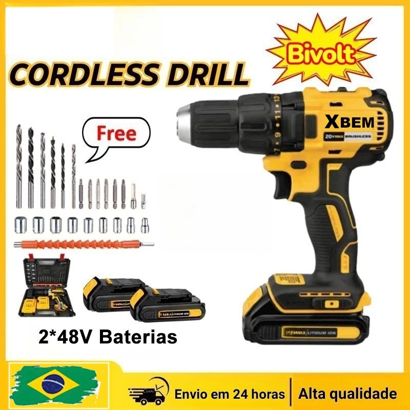 Parafusadeira Furadeira 48V 2 Baterias Com Maleta e Acessórios Completo