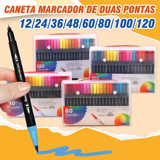 Kit 12/24/36/48/60/80/100/120 Cores Caneta 2 em 1 Brush Lettering e Ponta Fina Dual Pen Canetinha Colorir Desenho em Oferta na Shopee