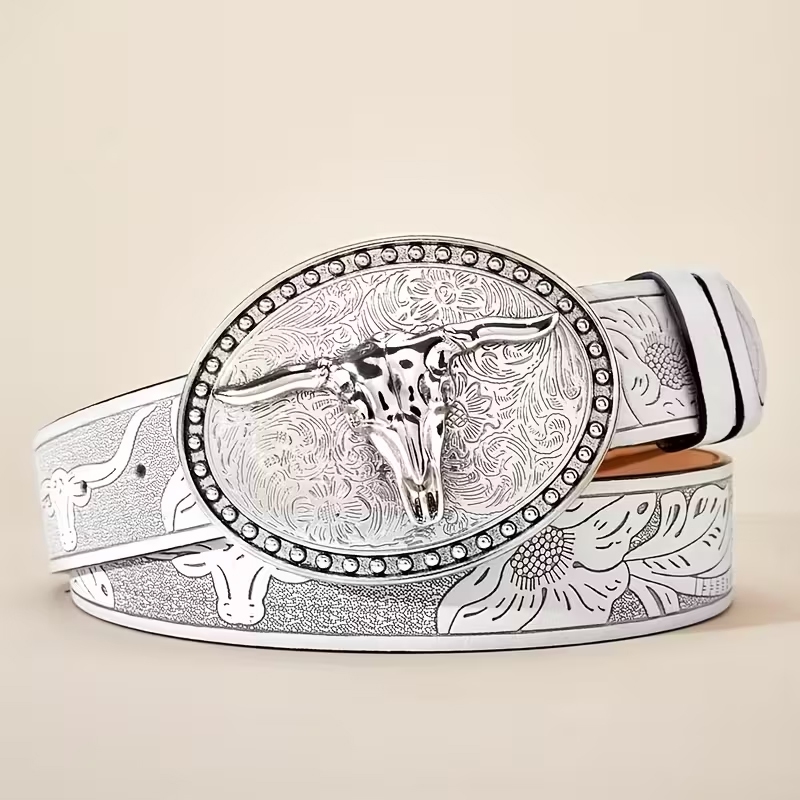 Cinto Branco de Cowboy Ocidental com Fivela Grande de Cabeça de Touro e ...