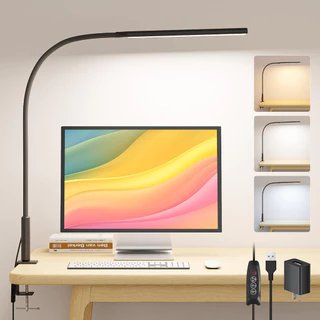 Luminária de mesa com clipe e ângulo ajustável três cores ajustáveis.