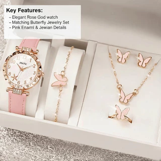 Moda Flor Feminina Relógio Conjunto De Jóias Em Preto Rosa Branco Quartzo Pulseira De Couro De Pulso Casual Para O Dia D em Oferta na Shopee