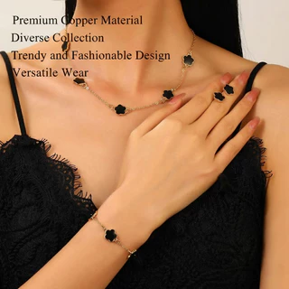 Conjunto De Joias De Trevo Preto Da Sorte Para Mulheres Colar Pulseira Brincos Presente De Feriado em Oferta na Shopee