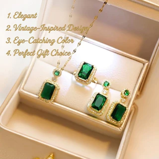 Conjunto De Joias Retrô Esmeralda De Três Peças , Anel , Brinco , Pingente , Presente De Aniversário De Natal Conjunto De Joias Retrô Esmeralda De Três Peças , Anel , Brinco , Pingente , Presente De Aniversário De Natal