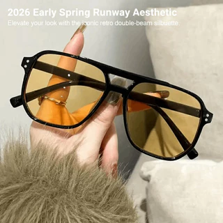 Óculos De Sol Retrô De Feixe Duplo , Armação Grande , Proteção UV , Lentes Oceânicas Em Chá Preto/Amarelo Para O Inverno em Oferta na Shopee