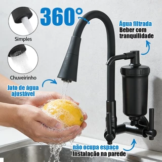 Torneira Preta Com Filtro Para Cozinha, Torneira Flexivel de Parede Cozinha,Torneira Preta Gourmet Parede, Filtro