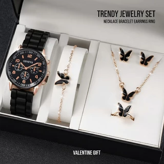 Conjunto De Jóias Da Moda Acessórios Femininos Colar Pulseira Brincos Anel Preto Branco Data Noite Brilho Estético Prese em Oferta na Shopee