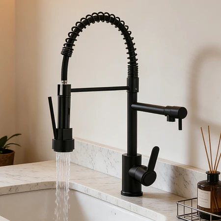 Torneira De Cozinha Gourmet Alça Única Com Extensor De Spray Tubo De Água Flexível Superior Prateado Para Ajustar 360 °