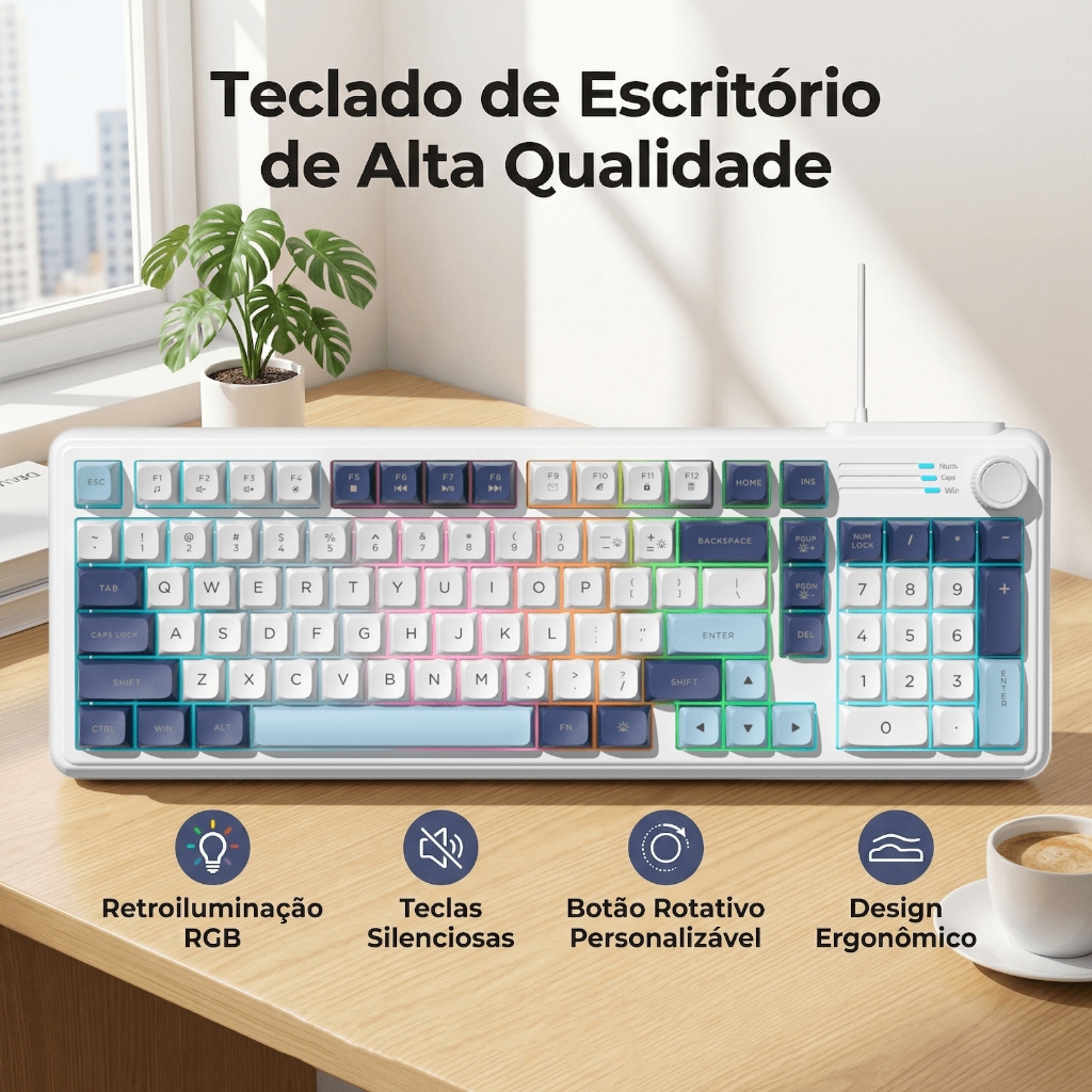 Teclado 98 Teclas RGB, Silencioso e Ergonômico para Escritório, Jogos, PC e Notebook