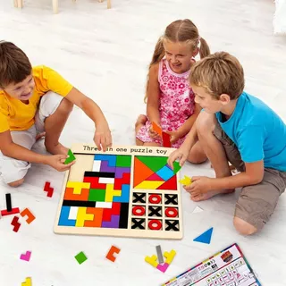 Jogo Raciocínio Educativo 3 Em 1 Brinquedo Montessori Quebra Cabeça Tetris 3D E Jogo Da Velha