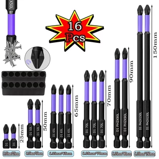 Kit 16 Bits Cruzado Magnéticos PH2 de Impacto Anti Derrapante Encaixe Preciso Anti choque Philips 25-150mm