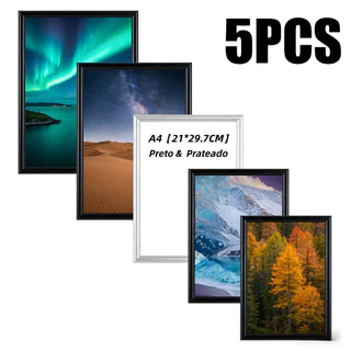 Kit 5 Peças Molduras Magnéticas A4 21X30Cm Preto Prata Com Acetato E Fundo Para Parede Metal E Certificados