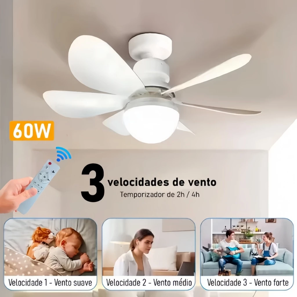 kit 2 ventilador de teto com lâmpada led e controle remoto ventilador de soquete