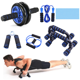 Kit Fitness 6 em 1 Roda Abdominal Flexão Corda Elástico Hand Grip Tapete Treino em Casa