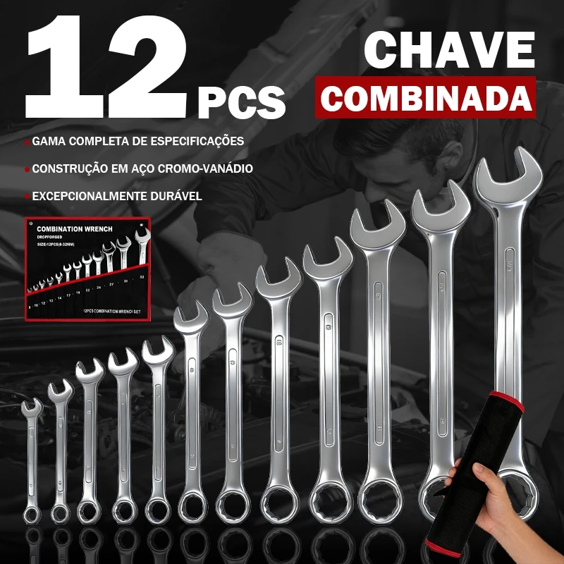 12 Peças Jogo Chave Combinada Boca Estrela Profissional combinação de aço carbono Chave fixa Com saco de armazenamento