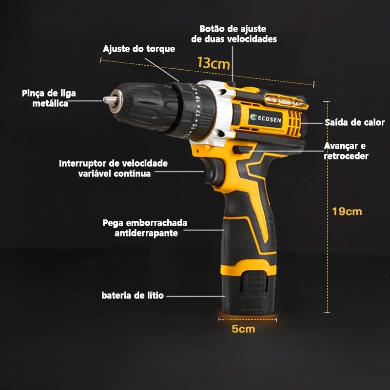 Furadeira Parafusadeira 12V bateria c maleta e acessórios 1300rpm