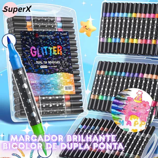 Caneta Marcadora Glitter Dupla Ponta 24/48/72/96/120 Cores | Brilho Escolar, Planner, Arte, Desenho, Presente DIY