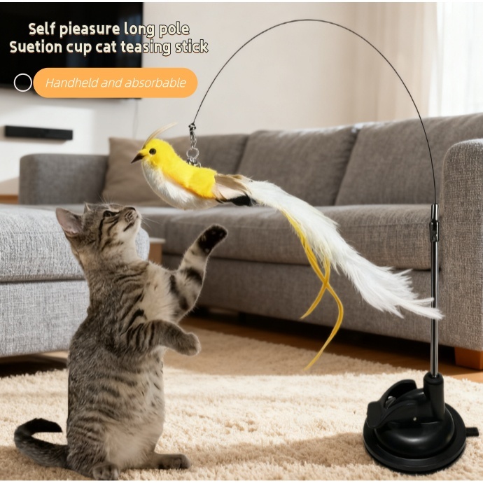 Brinquedo para Gatos – Varinha com Pássaro Simulado + Ventosa, Acessório com Substituição Destacável