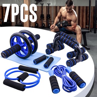 Kit Fitness 6 em 1 Roda Abdominal Flexão Corda Elástico Hand Grip Tapete Treino em Casa