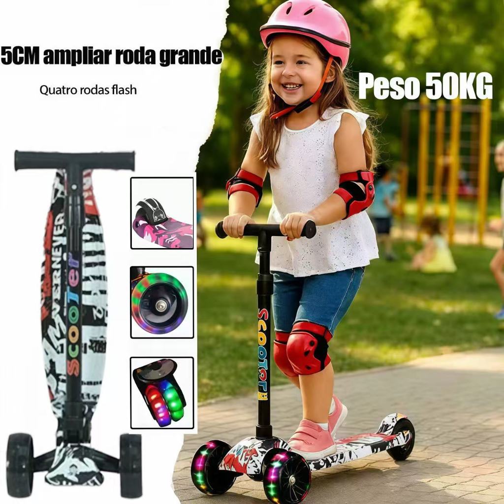 Patinete Infantil 4 Rodas c/Leds Scooter Infantil Dobrável para ...