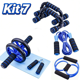 Kit Fitness 6 em 1 Roda Abdominal Flexão Corda Elástico Hand Grip Tapete Treino em Casa